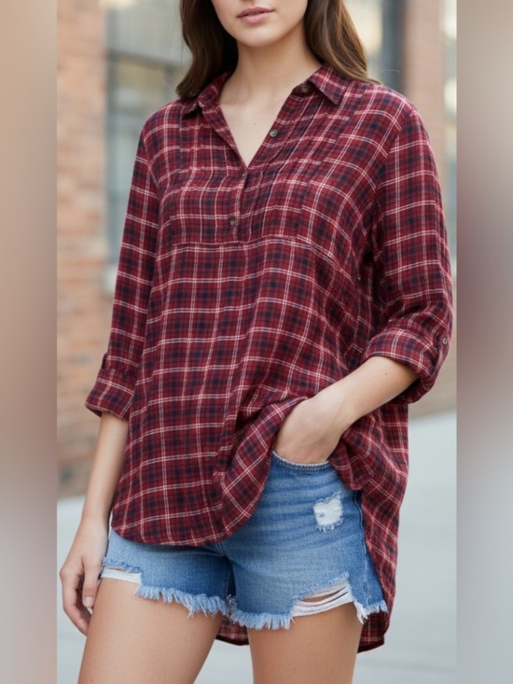 Abercrombie & Fitch Soft material Plaid Red Women's Top